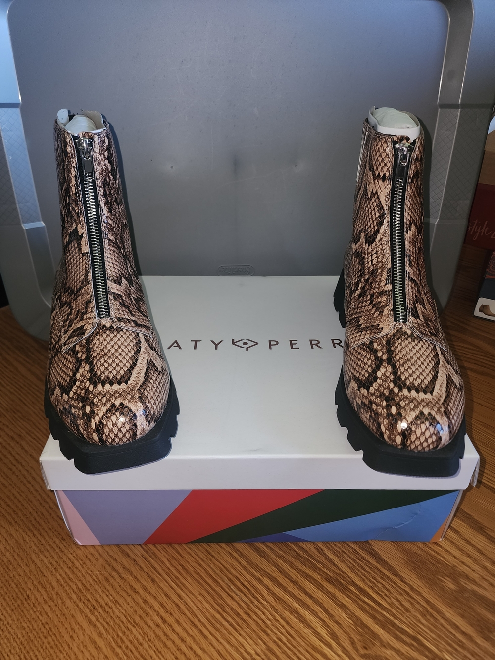 NEW Katy Perry Snake Print Front-Zip Ankle Boots - Brown SIZE 9.5
